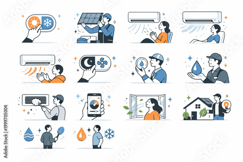 Air conditioning and climate control system icons for home and professional use