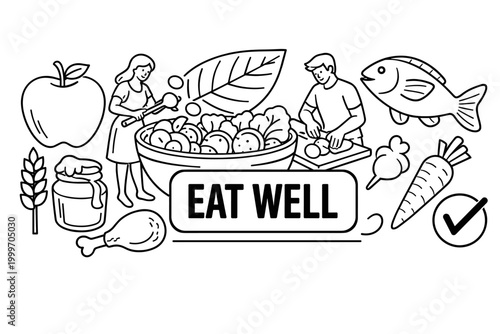 Healthy eating concept with people preparing fresh food and diverse ingredients