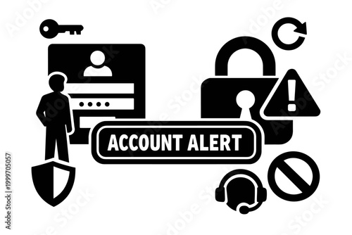 Account alert security icons with padlock, warning, and login symbols