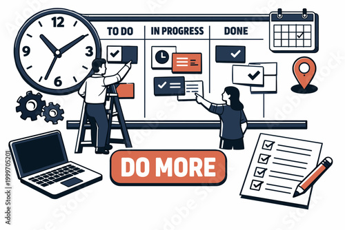 Teamwork and productivity concept with Kanban board, clock, and laptop