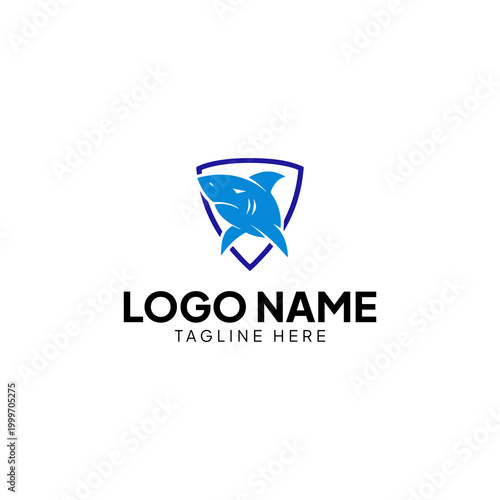 Aggressive Blue Shark Mascot Logo with Shield Emblem