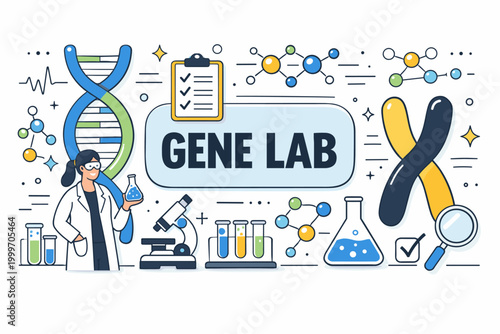 Gene research laboratory with DNA, chromosomes, and scientific equipment illustration
