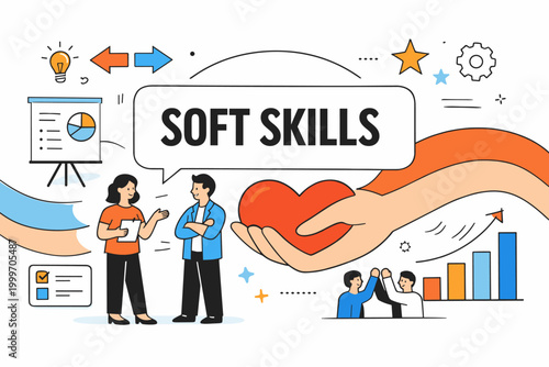 Soft Skills Essentials. Soft skills, teamwork, communication, empathy, problem solving, management, confidence development. minimalist editorial vector scenes: