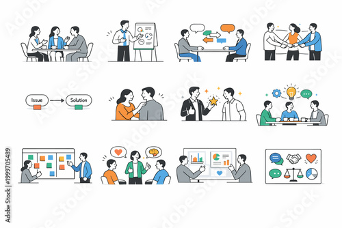 Soft Skills Essentials. Soft skills, teamwork, communication, empathy, problem solving, management, confidence development. minimalist editorial vector scenes: