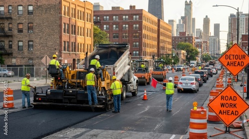 Construction workers paving a city street with heavy equipment and traffic control during an urban road work project.