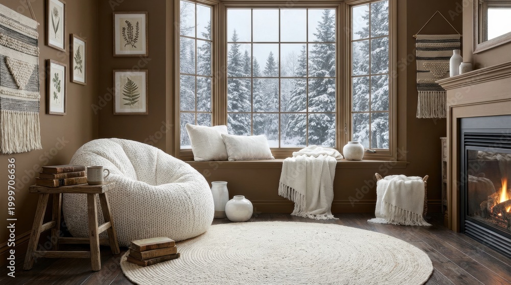 Fototapeta premium Cozy living room interior with a large bay window overlooking a snowy winter forest, featuring a comfortable knitted beanbag chair and a warm fireplace.