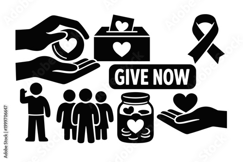 Collection of icons representing charity, donation, and support for good causes