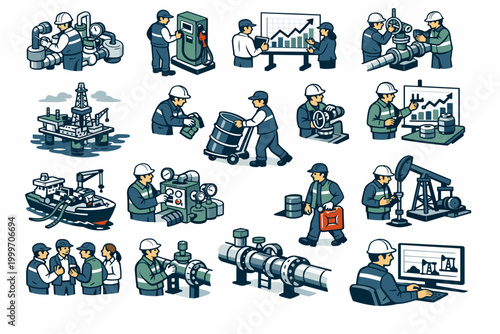 Oil and gas industry workers performing various tasks and operations