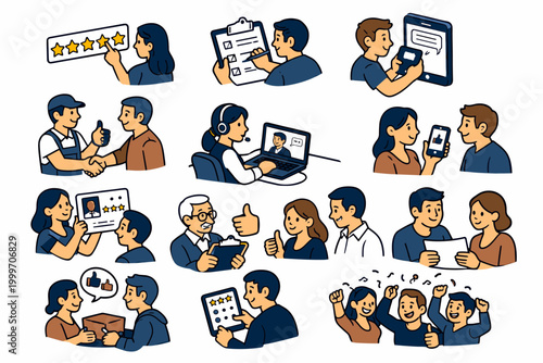 Customer service and feedback illustrations showing positive interactions and satisfaction