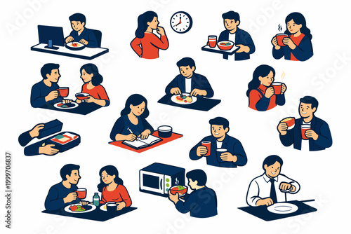 Diverse people enjoying meals and drinks in various everyday scenarios