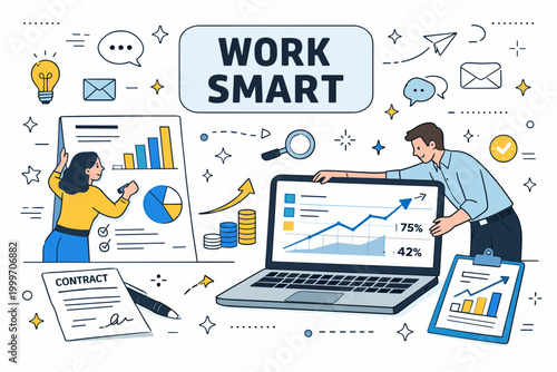 Business professionals analyze growth charts and discuss strategies for efficient work