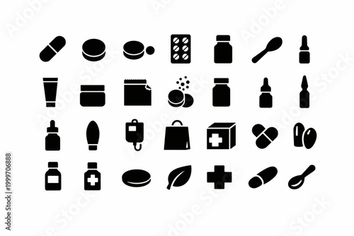 Collection of medical and pharmaceutical icons representing various treatments and health products
