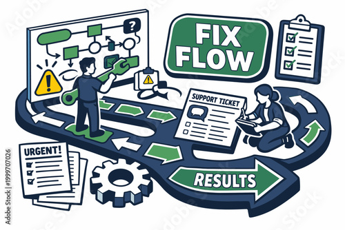 Illustrating a problem solving workflow with a team fixing issues and achieving results
