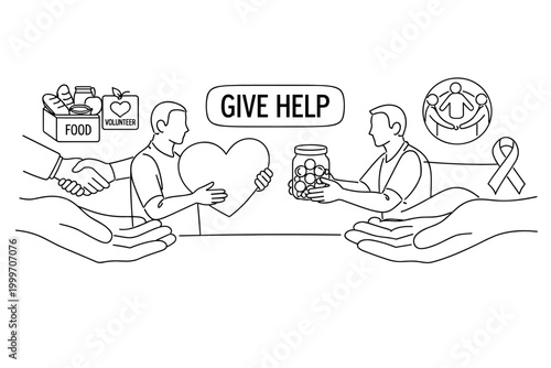 Concept of giving help and support through donations and volunteering