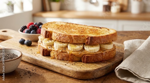 Peanut butter banana sandwich on toasted bread, drizzled with honey and sprinkled with chia seeds, served on a wooden board.
