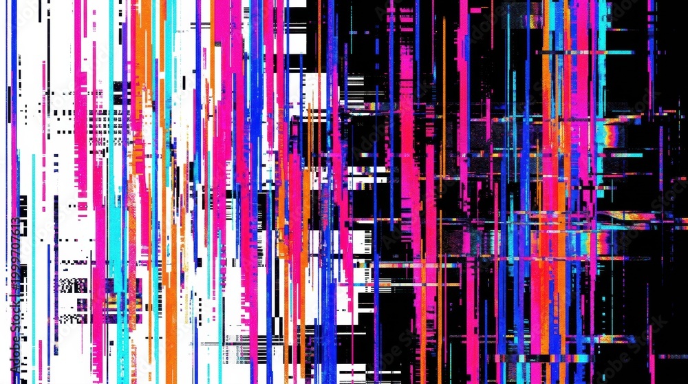 Obraz premium Digital glitch abstract pattern with vibrant colorful vertical and horizontal lines creating a modern technological background.