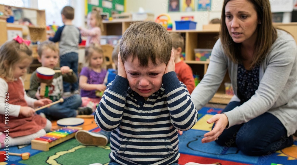 Naklejka premium Upset little boy covering his ears and crying in a colorful preschool classroom while a caring teacher tries to comfort him
