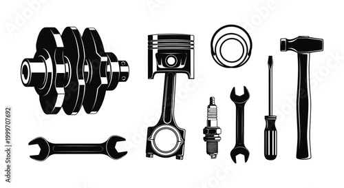 set of mechanical parts and tools in black silhouette high quality professional detailed modern elegant stylish clean crisp vibrant colorful digital