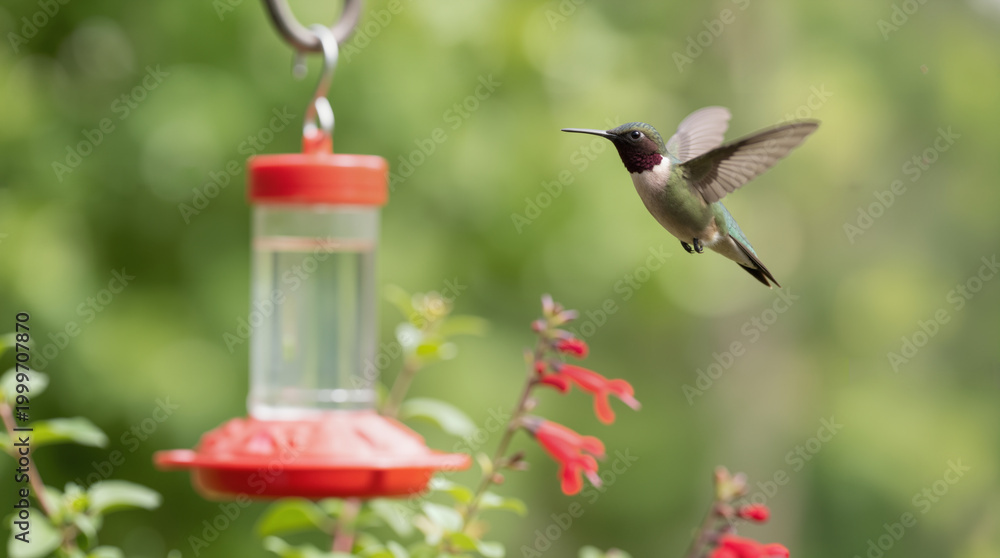 Fototapeta premium Ruby-throated hummingbird hovering near a red feeder. Small bird in flight in a garden setting