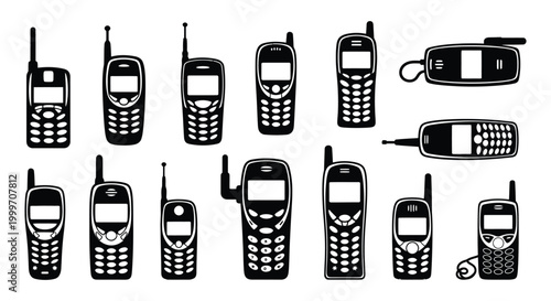 collection of retro mobile phones in black silhouette high quality professional detailed modern elegant stylish clean crisp vibrant colorful digital creative