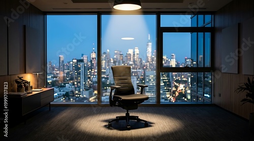 Black office chair in spotlight for leadership and job opportunity by window
