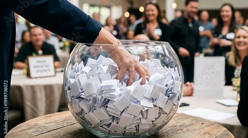 Hand picking from clear bowl filled with white paper slips for winners
