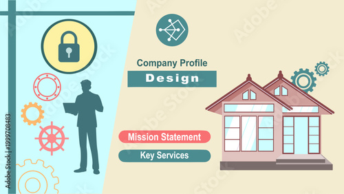 Professional business layout featuring a building, gears, and a security lock icon. Concept for corporate branding, real estate development, and digital information protection.