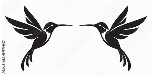 Hummingbird Pair Silhouette Flying Birds Symmetrical Elegant Vector Illustration.