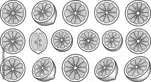 Vintage botanical prints detailed citrus slice illustrations lemon orange art