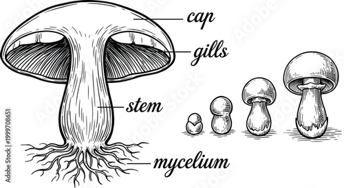 Vintage botanical prints detailed mushroom illustration with labeled parts for scientific study