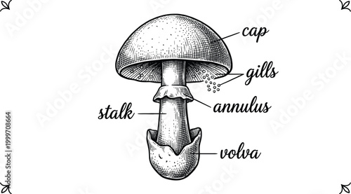 Detailed vintage botanical print of mushroom anatomy a classic scientific illustration