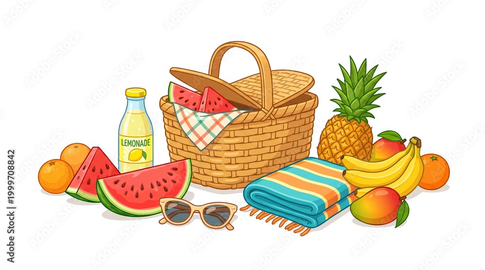 Fototapeta premium Summer picnic basket with fresh tropical fruits, transparent background