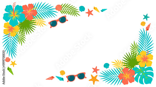 Tropical summer floral border frame, transparent background