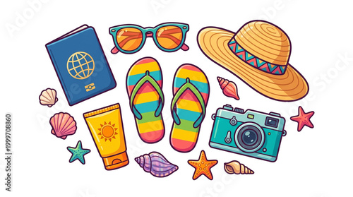 Summer travel and beach accessories illustration, transparent background