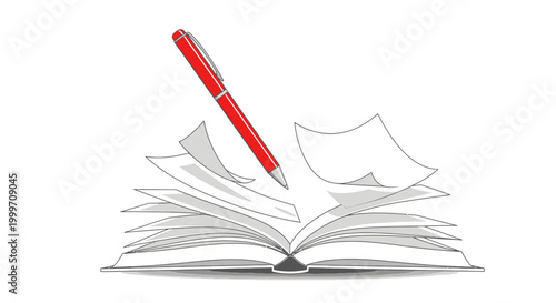 Red pen writing in an open book with dynamic flying pages.