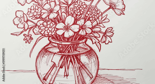 Red ink sketch of a bouquet of flowers in a glass vase