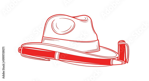 Red outline of a fedora hat and pen on a white background.