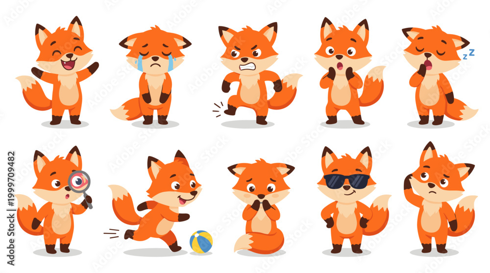 Obraz premium Charming Fox Character Expressing Various Emotions and Engaging in Activities