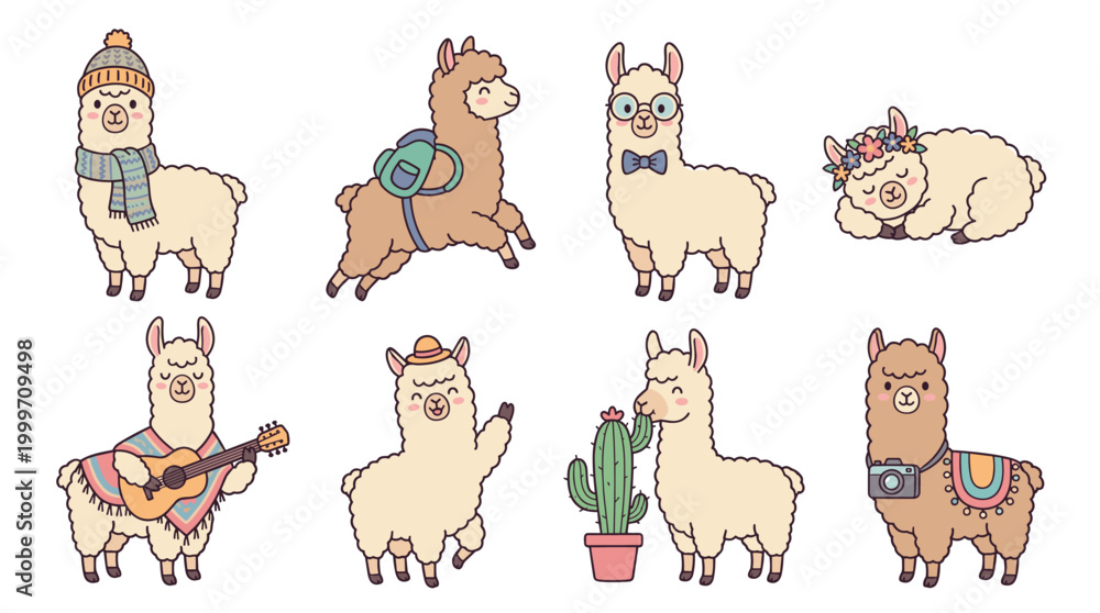 Fototapeta premium Charming collection of adorable llama characters in various playful scenarios and poses