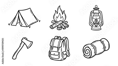 Outdoor adventure set: tent campfire lantern axe backpack sleeping bag icons