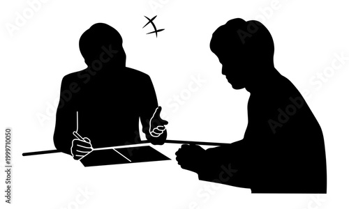 上司が部下にフィードバックするモノクロシルエット　叱責・指導・面談
