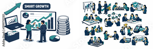 Business professionals analyzing financial growth charts and discussing strategies for success