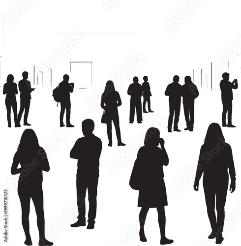 Silhouettes of people standing and looking around with art gallery