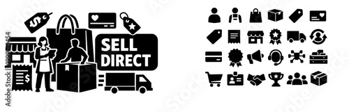 Business icons representing e commerce, sales, and customer service operations
