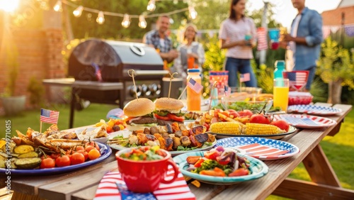 Outdoor barbecue table with grilled food vegetables and drinks during backyard family gathering, summer garden party meal for Independence Day Memorial Day Labor Day celebration