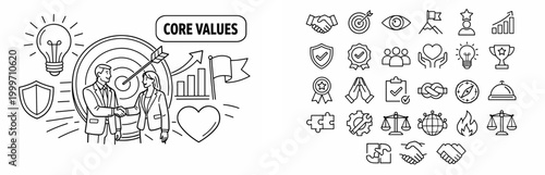 Business core values concept with icons representing success and teamwork