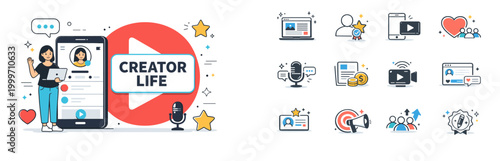 Digital creator life with social media icons and tools for online content