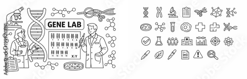 Scientists in a gene lab studying DNA and chromosomes with advanced research equipment