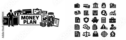 Financial planning and management icons for personal finance and business growth