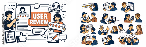 Customer feedback and user review illustrations with people and ratings